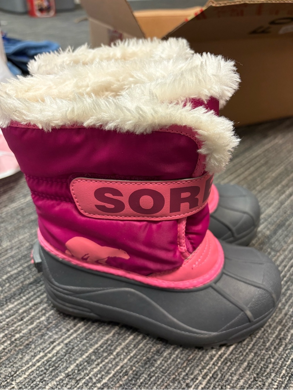 Sorel Kids Pink and Gray Faux Fur Winter Boots